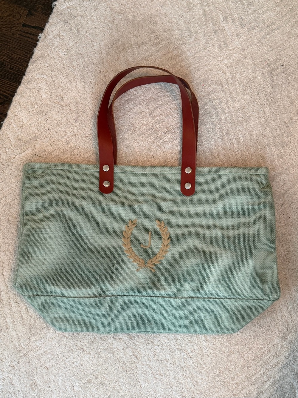 Canvas Tote Bag with Monogrammed “J” and Leather Handles - Sage